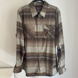 Troll Co Olive Striped Flannel Snap Front Dual Pocket Shirt, Large